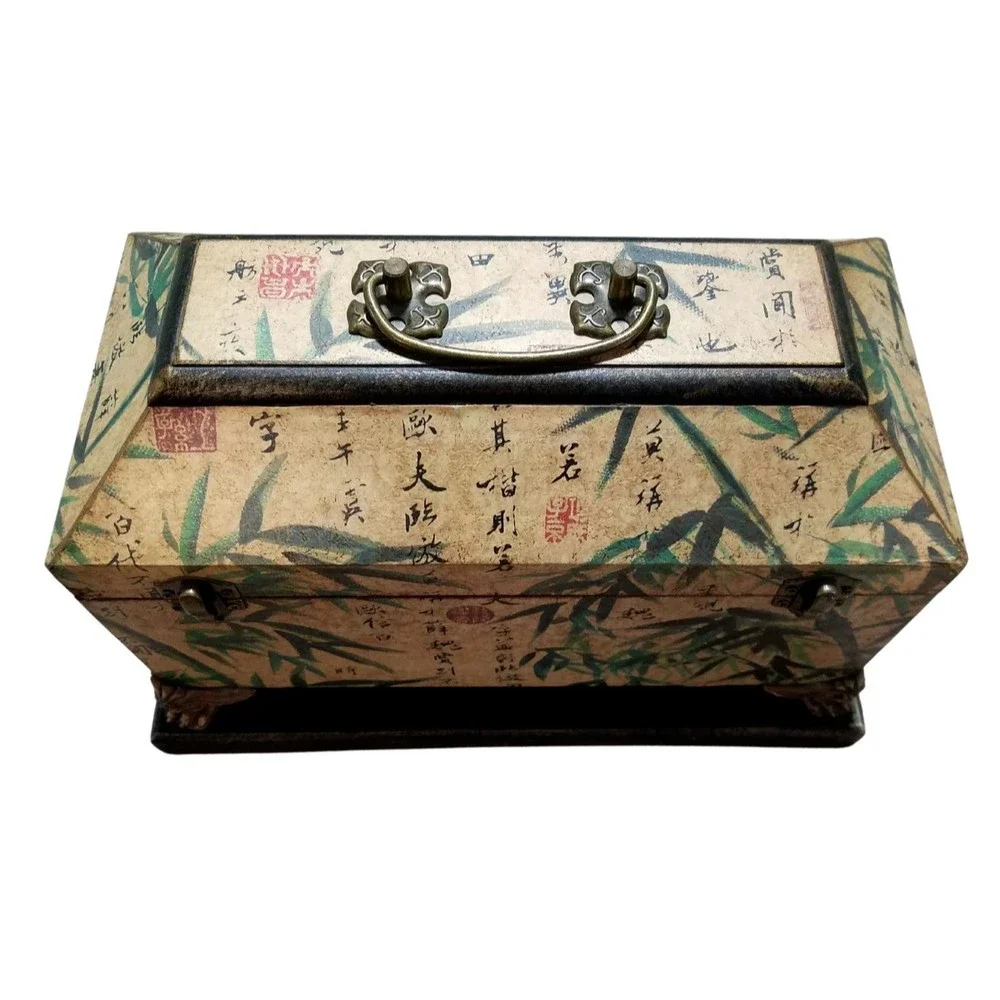 Vintage Wooden Jewelry Box with Asian Bamboo Detail Design Claw Feet on Base